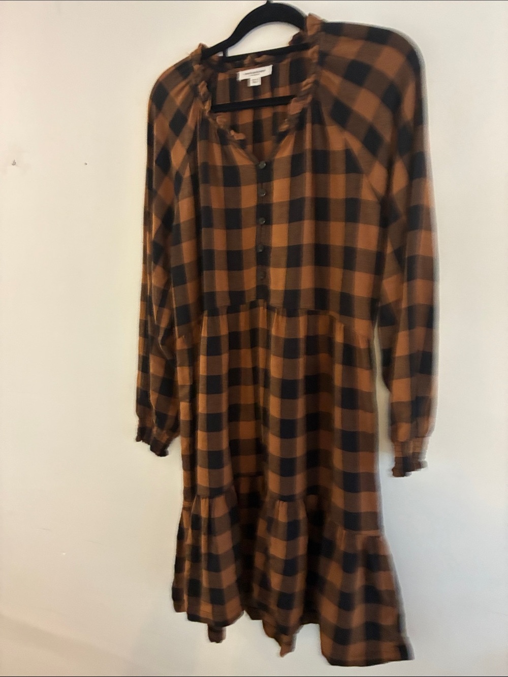beachlunchlounge Brown and Black Plaid Tiered Midi Dress